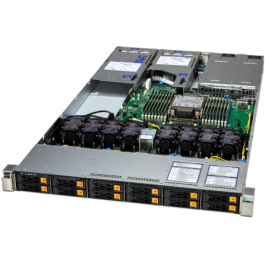 Internal view of the Supermicro SYS-112H-TN 1U rackmount server with high-density cooling, DDR5 memory and NVMe storage configuration.