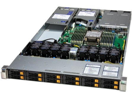 Internal view of the Supermicro SYS-112H-TN 1U rackmount server with high-density cooling, DDR5 memory and NVMe storage configuration.